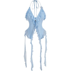 image:imageMakeMeChic Womens Floral Halter Top Tie Front Y2K Backless Ruffle Trim Fringe CamisoleBlue