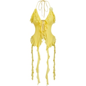 image:imageMakeMeChic Womens Floral Halter Top Tie Front Y2K Backless Ruffle Trim Fringe CamisoleDark Yellow