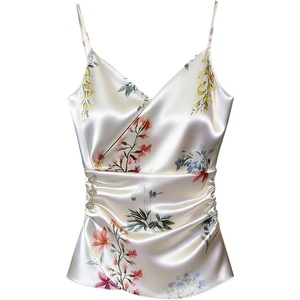 image:imageMakeMeChic Womens Floral Satin Wrap Camisole V Neck Ruched Spaghetti Strap Dressy Elegant TopsWhite