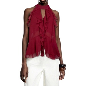 image:imageMakeMeChic Womens Going Out Halter Ruffle Tops Mesh Tie Back Tank Tops Cut Out Sleeveless OutfitBurgundy