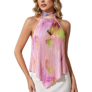 image:imageMakeMeChic Womens Halter Top Graphic Pleated Sleeveless Open Back Summer Y2K Tank TopsMulticolor