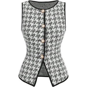 image:imageMakeMeChic Womens Houndstooth Plaid Vest Tops Trendy Dressy Blouse Tops Button Wasitcoat For Work OfficeBlack and White