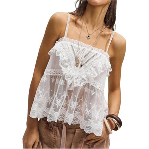 image:imageMakeMeChic Womens Lace Sheer Camisole Tops Ruffle Backless Scalloped Boho Vacation Tank TopsWhite