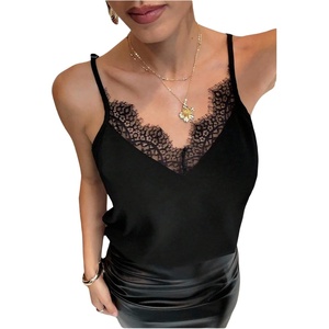 image:imageMakeMeChic Womens Lace Trim Tank Tops Camisole Spaghetti Strap Sleeveless Contrast Cami TopBlack