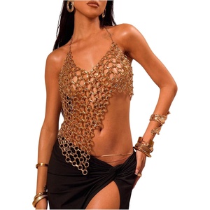 image:imageMakeMeChic Womens Metal Chain Strap Halter Crop Top Asymmetrical Open Back Party Night Out TopsGold