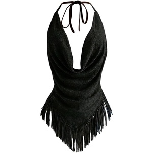 image:imageMakeMeChic Womens Open Back Halter Top Draped Cowl Neck Fringe Summer Boho Vacation TopsBlack