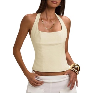 image:imageMakeMeChic Womens Open Back Halter Tops Backless Fitted Going Out Tank TopApricot