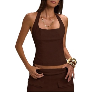 image:imageMakeMeChic Womens Open Back Halter Tops Backless Fitted Going Out Tank TopCoffee Brown
