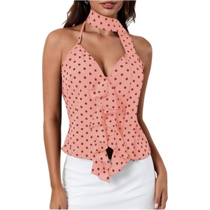 image:imageMakeMeChic Womens Polka Dots Halter Top Ruffle Backless Going Out Top with ScarfWatermelon Pink