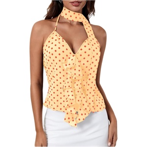 image:imageMakeMeChic Womens Polka Dots Halter Top Ruffle Backless Going Out Top with ScarfYellow