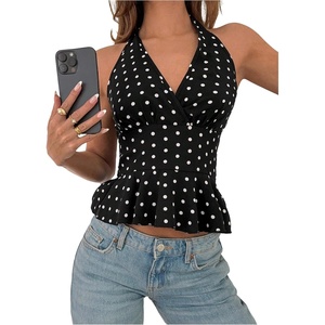 image:imageMakeMeChic Womens Polka Dots Halter Tops Summer V Neck Tie Back Wrap Shirt Sleeveless Crop TopsBlack