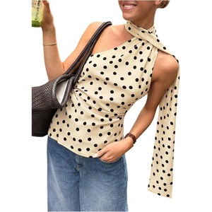 image:imageMakeMeChic Womens Polka Dots One Shoulder Tank Tops Sleeveless Fitted Y2K Summer Top with ScarfApricot