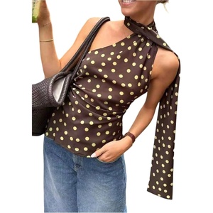 image:imageMakeMeChic Womens Polka Dots One Shoulder Tank Tops Sleeveless Fitted Y2K Summer Top with ScarfBrown
