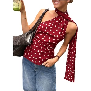 image:imageMakeMeChic Womens Polka Dots One Shoulder Tank Tops Sleeveless Fitted Y2K Summer Top with ScarfRed