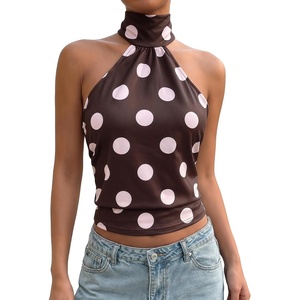 image:imageMakeMeChic Womens Polka Dots Open Back Halter Top Cinched Waist Mock Neck Tie Y2K Going Out TopsBrown Pink