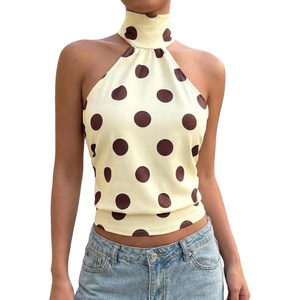 image:imageMakeMeChic Womens Polka Dots Open Back Halter Top Cinched Waist Mock Neck Tie Y2K Going Out TopsYellow