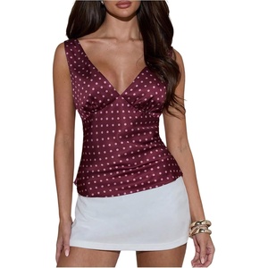 image:imageMakeMeChic Womens Polka Dots Tank Tops Deep V Neck Sleeveless Backless Silk Satin TopBurgundy
