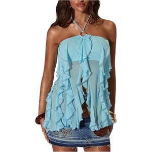 image:imageMakeMeChic Womens Ruffle Halter Top Sheer Sleeveless Slim Fit Tie Open Back Bohemian Crop Tank TopsBlue