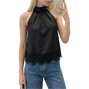 image:imageMakeMeChic Womens Satin Lace Halter Top Y2k Tie Back Sleeveless Dressy Going Out TopsBlack