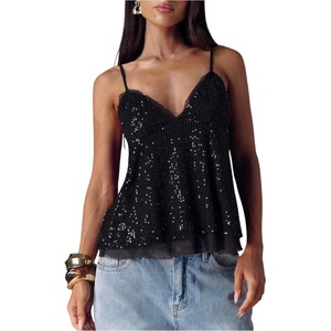 image:imageMakeMeChic Womens Sequin Babydoll Tank Top Peplum Flowy Spaghetti Strap Y2k Cute Cami Going Out TopsBlack