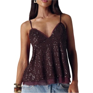 image:imageMakeMeChic Womens Sequin Babydoll Tank Top Peplum Flowy Spaghetti Strap Y2k Cute Cami Going Out TopsBurgundy