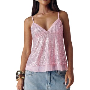image:imageMakeMeChic Womens Sequin Babydoll Tank Top Peplum Flowy Spaghetti Strap Y2k Cute Cami Going Out TopsLight Pink