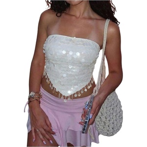 image:imageMakeMeChic Womens Sequin Beaded Fringe Halter Tops Criss Cross Backless Sparkly Party Crop TopsApricot