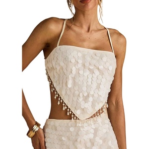 image:imageMakeMeChic Womens Sequin Beaded Fringe Halter Tops Criss Cross Backless Sparkly Party Crop TopsWhite