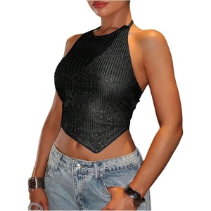 image:imageMakeMeChic Womens Sequin Halter Top Tie Open Back Glitter Crop Sleeveless Y2K Party OutfitsBlack