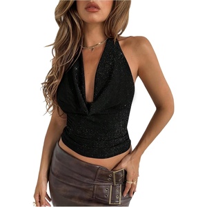image:imageMakeMeChic Womens Sparkly Halter Tops Backless Cowl Neck Going Out Rave TopsBlack