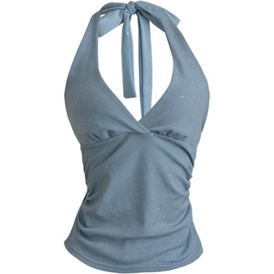 image:imageMakeMeChic Womens Sparkly Halter Tops Y2k Backless Deep V Neck Rave Crop TopsBlue