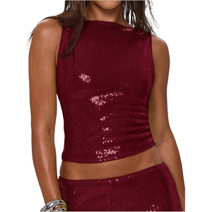 image:imageMakeMeChic Womens Sparkly Sequin Tops Y2k Going Out Rave Top Sleeveless Crop Tank TopsBurgundy