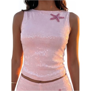 image:imageMakeMeChic Womens Sparkly Sequin Tops Y2k Going Out Rave Top Sleeveless Crop Tank TopsPink B