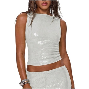 image:imageMakeMeChic Womens Sparkly Sequin Tops Y2k Going Out Rave Top Sleeveless Crop Tank TopsWhite B