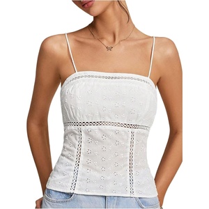 image:imageMakeMeChic Womens Summer Camisole Tops Crop Cowboy Spaghetti Strap Frill Trim Sleeveless Eyelet Tank TopWhite