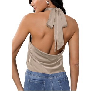 image:imageMakeMeChic Womens Summer Satin Silk Backless Halter Tank Tops High Neck Sleeveless Classy Cute Going Out TopApricot a