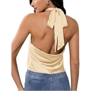 image:imageMakeMeChic Womens Summer Satin Silk Backless Halter Tank Tops High Neck Sleeveless Classy Cute Going Out TopBeige