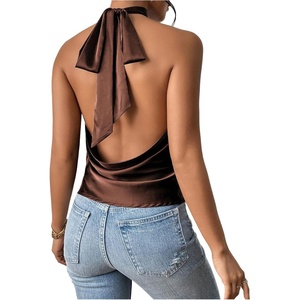 image:imageMakeMeChic Womens Summer Satin Silk Backless Halter Tank Tops High Neck Sleeveless Classy Cute Going Out TopBrown