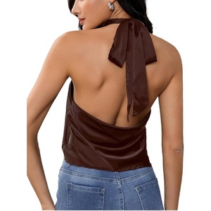 image:imageMakeMeChic Womens Summer Satin Silk Backless Halter Tank Tops High Neck Sleeveless Classy Cute Going Out TopBrown a
