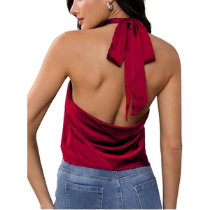 image:imageMakeMeChic Womens Summer Satin Silk Backless Halter Tank Tops High Neck Sleeveless Classy Cute Going Out TopBurgundy