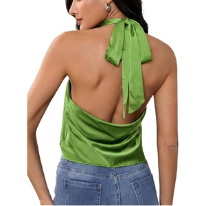 image:imageMakeMeChic Womens Summer Satin Silk Backless Halter Tank Tops High Neck Sleeveless Classy Cute Going Out TopGreen