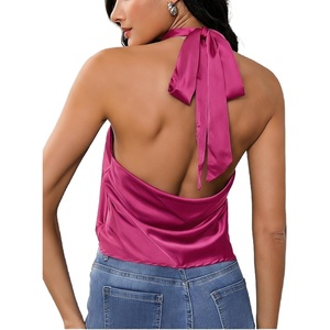 image:imageMakeMeChic Womens Summer Satin Silk Backless Halter Tank Tops High Neck Sleeveless Classy Cute Going Out TopHot Pink
