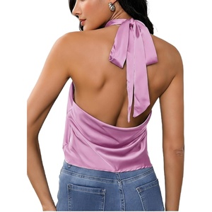image:imageMakeMeChic Womens Summer Satin Silk Backless Halter Tank Tops High Neck Sleeveless Classy Cute Going Out TopLilac Purple