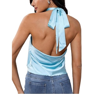 image:imageMakeMeChic Womens Summer Satin Silk Backless Halter Tank Tops High Neck Sleeveless Classy Cute Going Out TopMint Blue