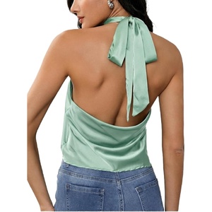 image:imageMakeMeChic Womens Summer Satin Silk Backless Halter Tank Tops High Neck Sleeveless Classy Cute Going Out TopMint Green