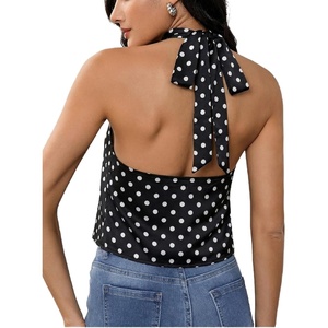 image:imageMakeMeChic Womens Summer Satin Silk Backless Halter Tank Tops High Neck Sleeveless Classy Cute Going Out TopPolka Dots Black