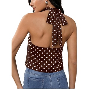 image:imageMakeMeChic Womens Summer Satin Silk Backless Halter Tank Tops High Neck Sleeveless Classy Cute Going Out TopPolka Dots Brown
