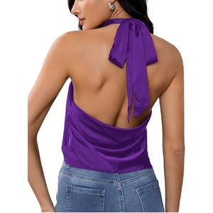 image:imageMakeMeChic Womens Summer Satin Silk Backless Halter Tank Tops High Neck Sleeveless Classy Cute Going Out TopPurple
