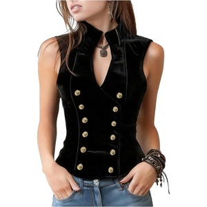 image:imageMakeMeChic Womens Velvet Mock Neck Vest Top Double Breasted Botton Sleeveless Vintage Tank TopsBlack