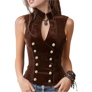 image:imageMakeMeChic Womens Velvet Mock Neck Vest Top Double Breasted Botton Sleeveless Vintage Tank TopsBrown